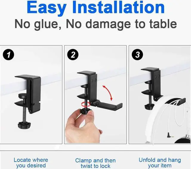 Alt view image 5 of 7 - Goldmille Aluminum Headphone Stand Hanger Foldable with Cable Clip Headset Holder Clamp Hook Under Desk, Save Your Space While Working & Gaming