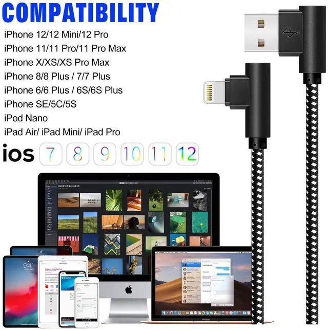 Alt view image 7 of 7 - [3-Pack] Right Angle iPhone Charging Cable Nylon Braided 90 Degree Elbow Design Compatible with iPhone Xs Max/XS/XR/X 8 7 6s 6 Plus SE 5s 5c 5 iPad Mini/Air/Pro (Black White 10ft)