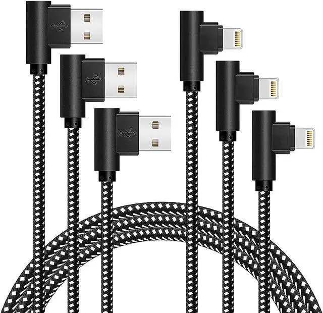 Main image of [3-Pack] Right Angle iPhone Charging Cable Nylon Braided 90 Degree Elbow Design Compatible with iPhone Xs Max/XS/XR/X 8 7 6s 6 Plus SE 5s 5c 5 iPad Mini/Air/Pro (Black White 10ft)