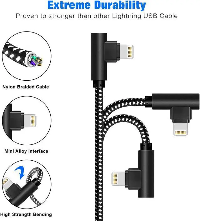 Alt view image 2 of 7 - [3-Pack] Right Angle iPhone Charging Cable Nylon Braided 90 Degree Elbow Design Compatible with iPhone Xs Max/XS/XR/X 8 7 6s 6 Plus SE 5s 5c 5 iPad Mini/Air/Pro (Black White 10ft)
