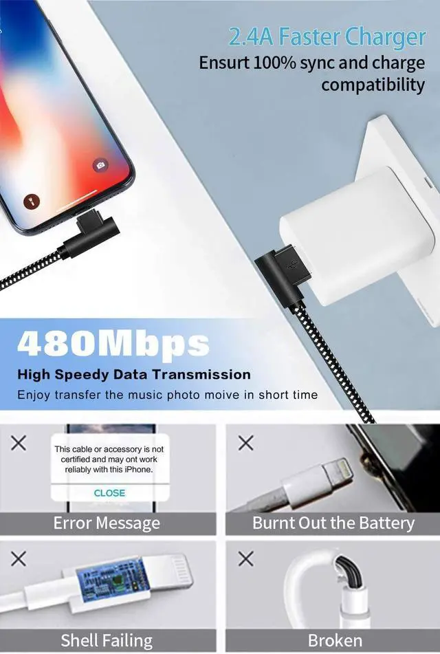 Alt view image 3 of 7 - [3-Pack] Right Angle iPhone Charging Cable Nylon Braided 90 Degree Elbow Design Compatible with iPhone Xs Max/XS/XR/X 8 7 6s 6 Plus SE 5s 5c 5 iPad Mini/Air/Pro (Black White 10ft)