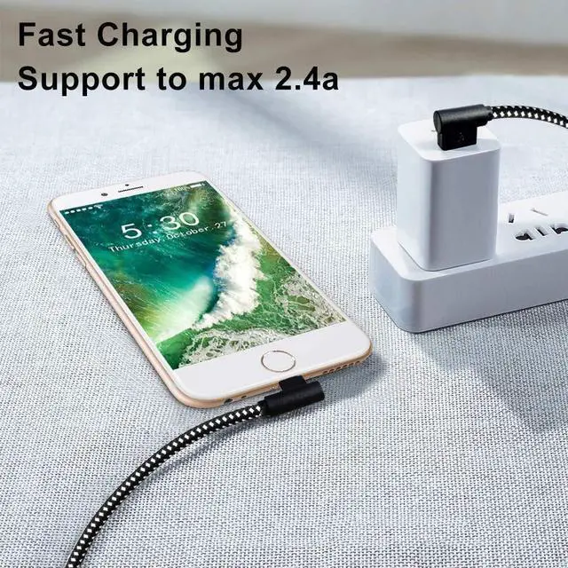 Alt view image 5 of 7 - [3-Pack] Right Angle iPhone Charging Cable Nylon Braided 90 Degree Elbow Design Compatible with iPhone Xs Max/XS/XR/X 8 7 6s 6 Plus SE 5s 5c 5 iPad Mini/Air/Pro (Black White 10ft)