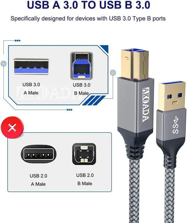 Alt view image 3 of 5 - AkoaDa USB A to USB B 3.0 Cable (10FT), Durable Nylon Braided Type A to B Male Cable Compatible with Printers, Monitor, Docking Station, External Hard Drivers, Scanner, USB Hub and More Devices(Grey)