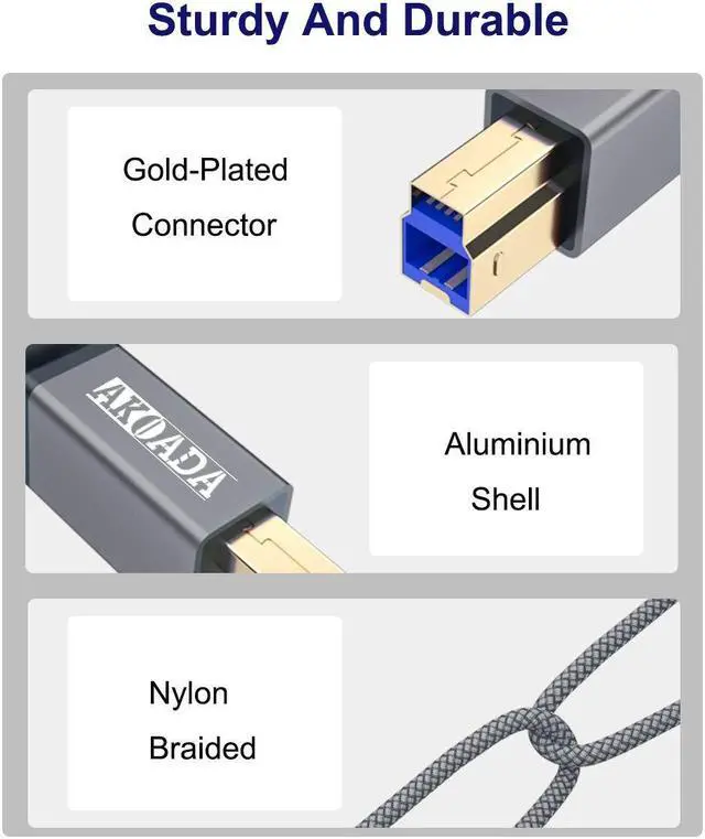 Alt view image 5 of 5 - AkoaDa USB A to USB B 3.0 Cable (10FT), Durable Nylon Braided Type A to B Male Cable Compatible with Printers, Monitor, Docking Station, External Hard Drivers, Scanner, USB Hub and More Devices(Grey)