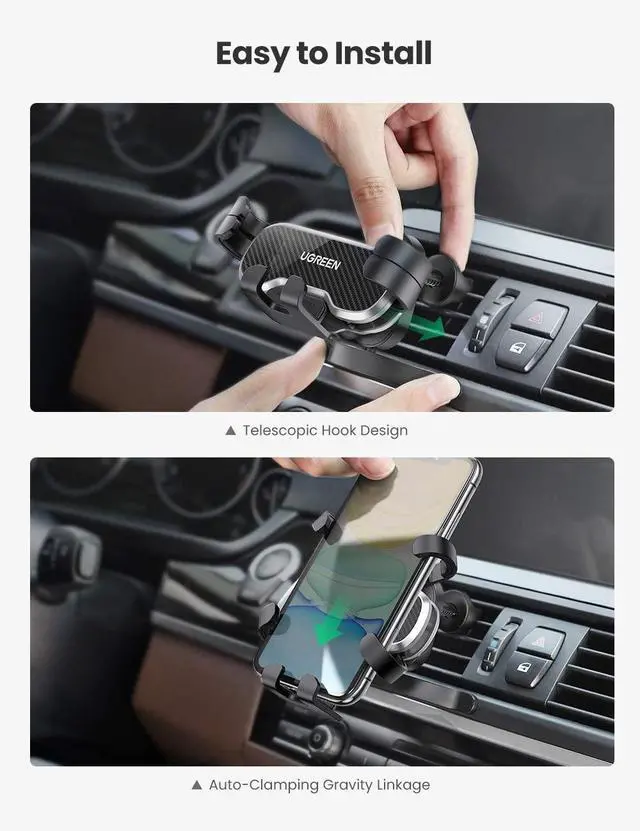 Alt view image 4 of 8 - UGREEN Car Phone Mount Retractable Air Vent Gravity Cell Phone Holder Cradle with Hook for iPhone 12 mini 12 Pro Max 11 XS XR X 8 Plus, Samsung S20 Ultra Note 20 10 S10 S9 S8 Plus, Mate 30 Pro, LG V40