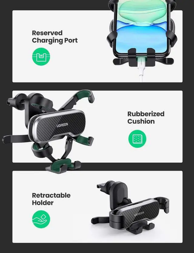 Alt view image 7 of 8 - UGREEN Car Phone Mount Retractable Air Vent Gravity Cell Phone Holder Cradle with Hook for iPhone 12 mini 12 Pro Max 11 XS XR X 8 Plus, Samsung S20 Ultra Note 20 10 S10 S9 S8 Plus, Mate 30 Pro, LG V40