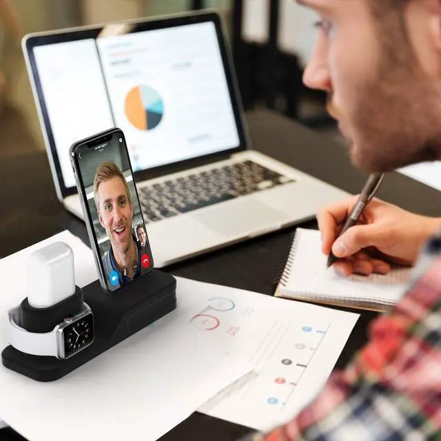 Alt view image 6 of 7 - seacosmo 3 in 1 Charging Stand Compatible with Apple Watch Series 6/SE/5/4/3/2/1, Silicone Stand for iWatch iPhone Airpods, Docking Station for iPhone 12/SE/11/Pro/Max/XR/XS/8/7/6/Plus, Black