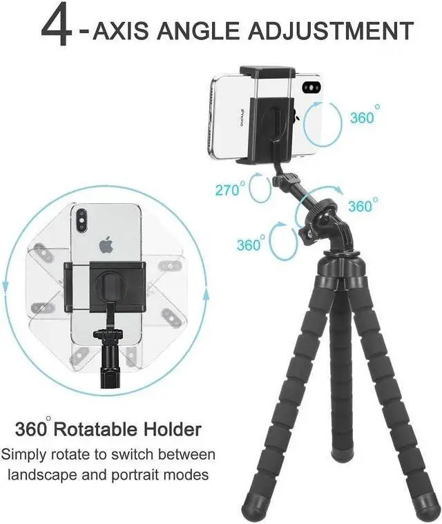 Alt view image 2 of 6 - Phone Tripod, Flexible Tripod, Upgrade 4-Axis Angle Adjustment, Unique 360° Rotating Holder, Sturdy Octopus-Style Legs, and Wireless Remote Shutter for iPhone, Android Phone, DSLR Camera, and GoPro.
