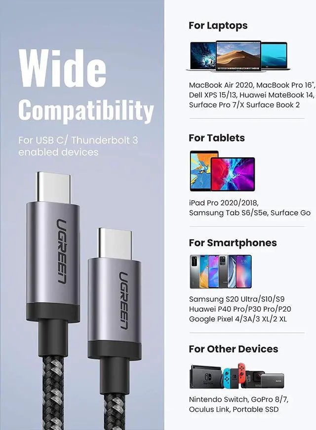 Alt view image 5 of 7 - UGREEN USB C to USB C Cable USB 3.1 Gen 1 Type C PD Fast Charging 5Gbps Compatible with Samsung Note 10 9 S20 S10 S9 MacBook Pro Air 13" iPad Pro 2020 Google Pixel 4 3 2 XL Nintendo Switch 3.3FT