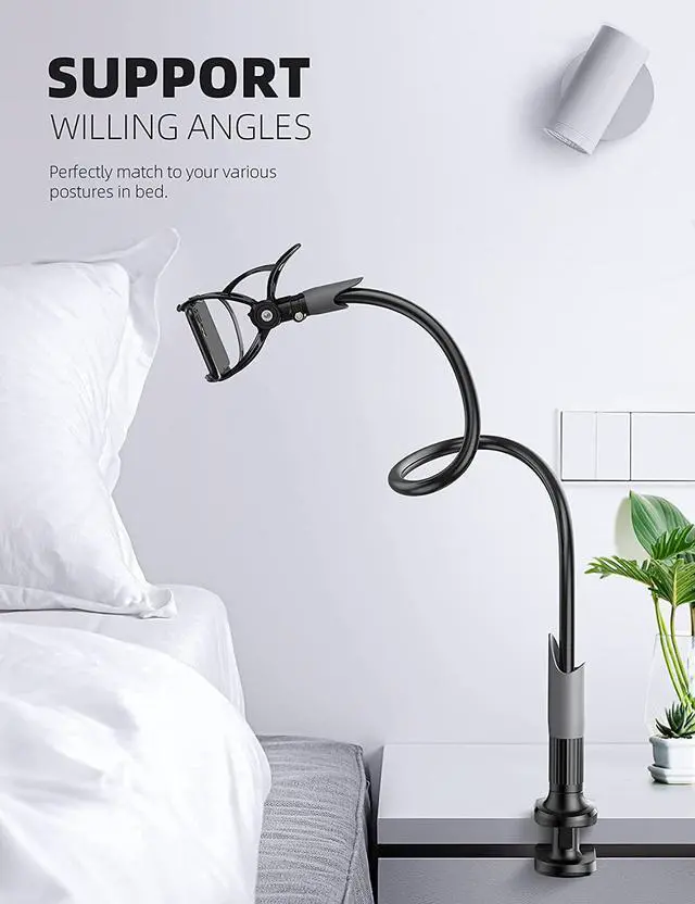 Alt view image 4 of 7 - Lamicall Phone Holder Bed Gooseneck Mount - Cell Phone Clamp Clip for Desk, Flexible Lazy Long Arm Headboard Bedside, Overhead Mount Stand, Compatible with iPhone 14 Plus/Pro Max XR X 8 7 6 Plus
