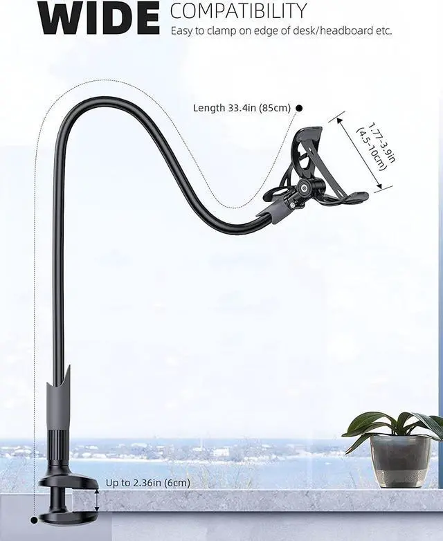 Alt view image 5 of 7 - Lamicall Phone Holder Bed Gooseneck Mount - Cell Phone Clamp Clip for Desk, Flexible Lazy Long Arm Headboard Bedside, Overhead Mount Stand, Compatible with iPhone 14 Plus/Pro Max XR X 8 7 6 Plus
