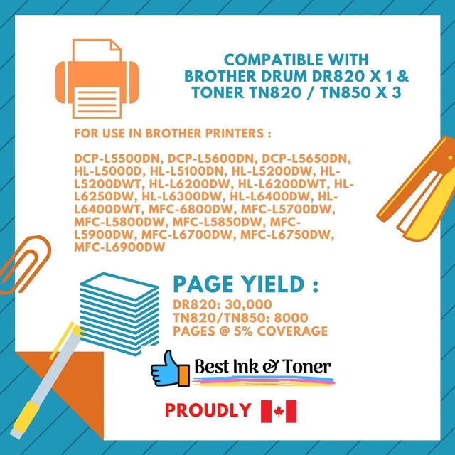 Alt view image 2 of 2 - Best Compatible Cartridge for Brother DR820 Black Drum for TN820,TN850 & TN880 + Toner TN850 x 3 - Combo