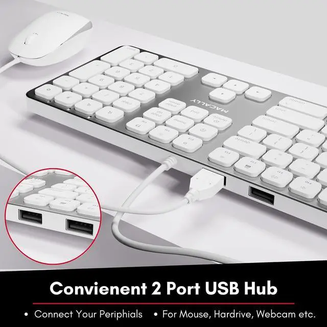 Alt view image 10 of 14 - Macally Mac Keyboard Full-Size & Number Keypad (Metal Frame) 2 USB Ports Hub & Wired USB Cable - Apple Computer Keyboards for Mac, Pro, MacBook, Pro, Air Laptops (Silver Aluminum) MLUXKEYA
