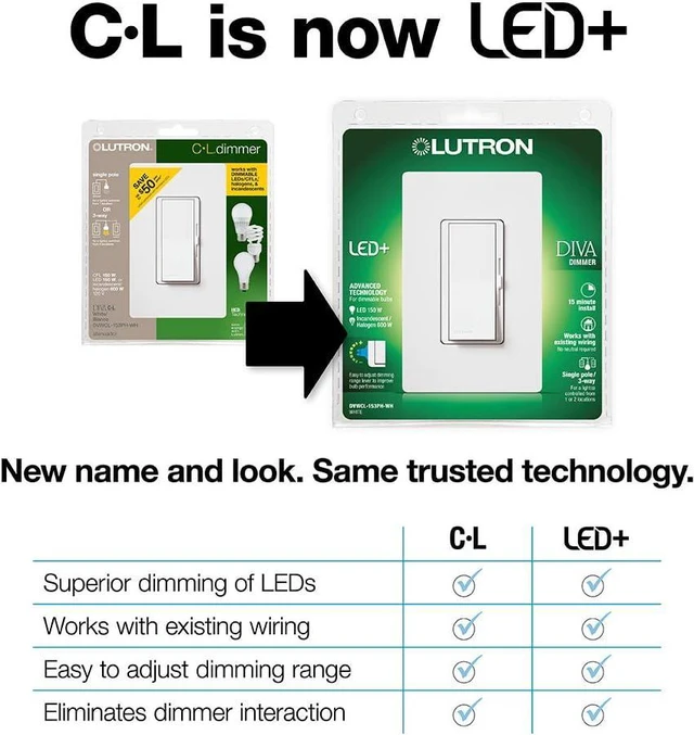 Alt view image 2 of 7 - Lutron Diva LED+ Dimmer for Dimmable LED, Halogen and Incandescent Bulbs | Single-Pole or 3-Way | DVSCCL-153P-SW | Snow