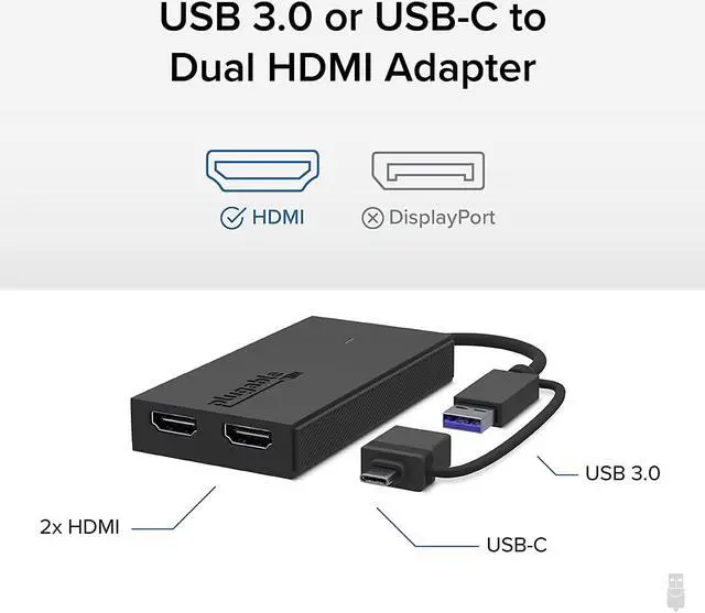 Alt view image 2 of 7 - USB 3.0 or USB C to HDMI Adapter for Dual Monitors Universal Video Graphics Adapter for Mac and Windows Thunderbolt 3/4 USB 3.0 or USB-C 1080p@60Hz