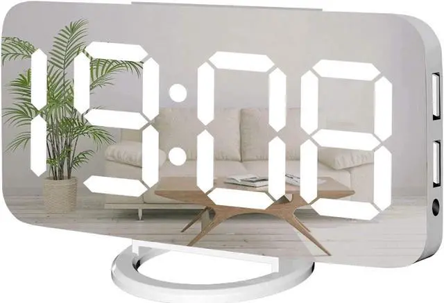 Main image of Miowachi Digital Alarm Clock,Large Mirrored LED Clock,Snooze,Dim Night Light 2 USB Charger Ports Desk Alarm Clocks for Bedroom Decor (White)