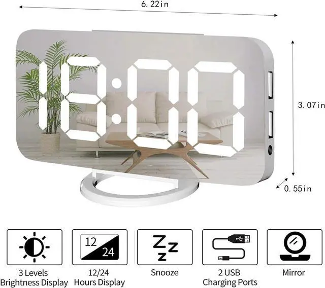 Alt view image 5 of 7 - Miowachi Digital Alarm Clock,Large Mirrored LED Clock,Snooze,Dim Night Light 2 USB Charger Ports Desk Alarm Clocks for Bedroom Decor (White)
