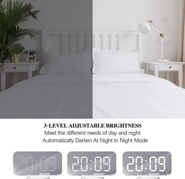 Alt view image 3 of 7 - Miowachi Digital Alarm Clock,Large Mirrored LED Clock,Snooze,Dim Night Light 2 USB Charger Ports Desk Alarm Clocks for Bedroom Decor (White)