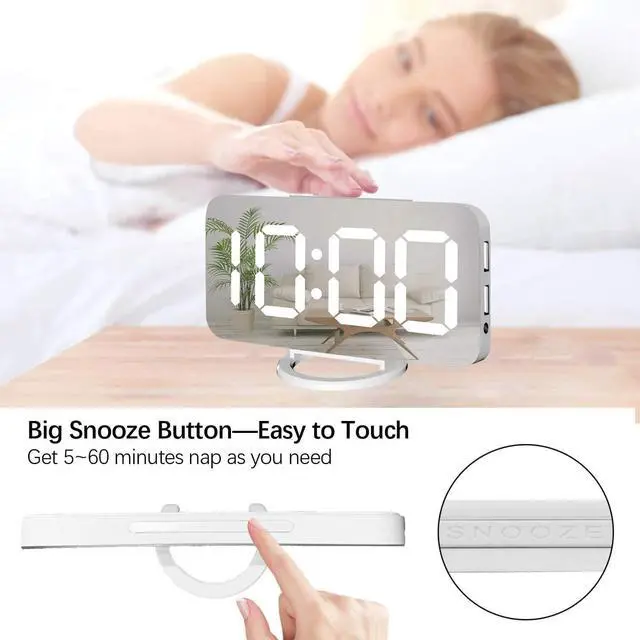 Alt view image 2 of 7 - Miowachi Digital Alarm Clock,Large Mirrored LED Clock,Snooze,Dim Night Light 2 USB Charger Ports Desk Alarm Clocks for Bedroom Decor (White)