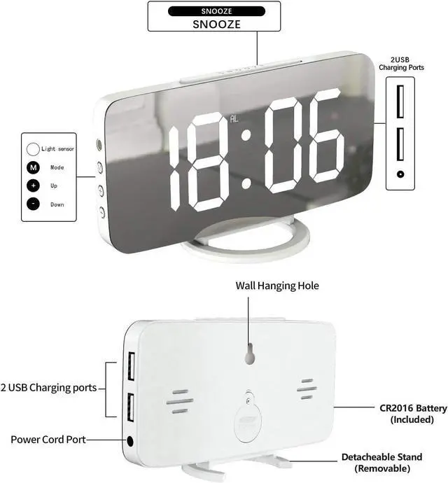 Alt view image 4 of 7 - Miowachi Digital Alarm Clock,Large Mirrored LED Clock,Snooze,Dim Night Light 2 USB Charger Ports Desk Alarm Clocks for Bedroom Decor (White)