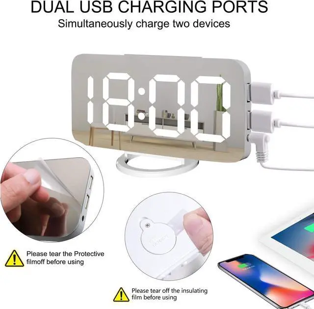 Alt view image 6 of 7 - Miowachi Digital Alarm Clock,Large Mirrored LED Clock,Snooze,Dim Night Light 2 USB Charger Ports Desk Alarm Clocks for Bedroom Decor (White)