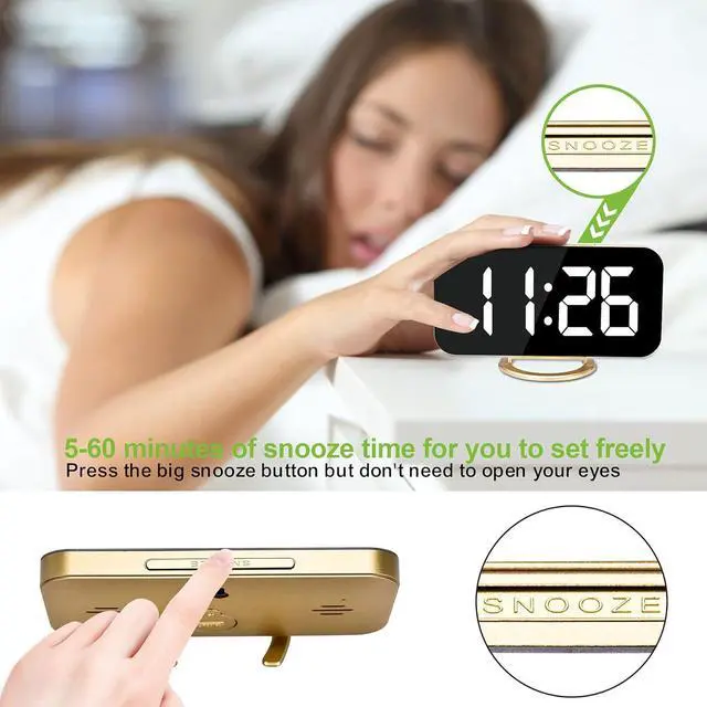 Alt view image 4 of 7 - SZELAM Digital Alarm Clock,LED and Mirror Desk Clock Large Display,with Dual USB Charger Ports,3 Levels Brightness,12/24H,Modern Electronic Clock for Bedroom Home Living Room Office - Gold