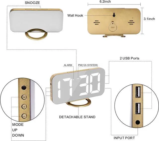 Alt view image 5 of 7 - SZELAM Digital Alarm Clock,LED and Mirror Desk Clock Large Display,with Dual USB Charger Ports,3 Levels Brightness,12/24H,Modern Electronic Clock for Bedroom Home Living Room Office - Gold