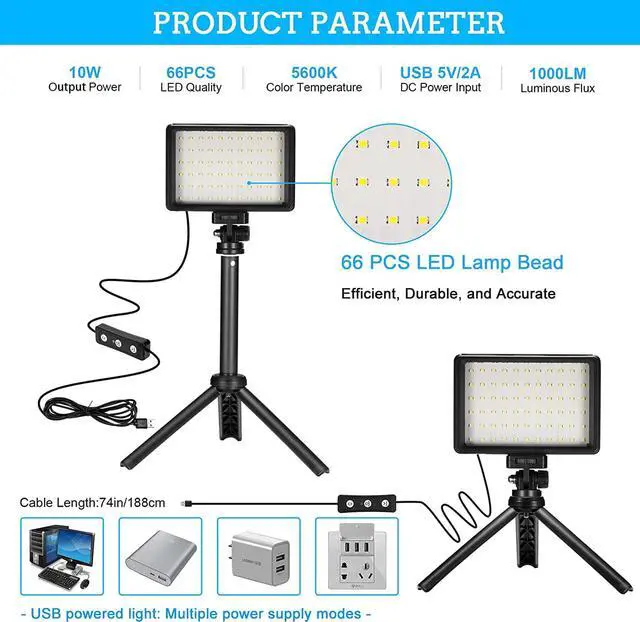 Alt view image 3 of 7 - LED Video Light 2-Pack, 5600K Dimmable USB Photo Lights with Mini Tripod and Colored Filters for Photo Studios, Small Angle Shooting, Video Recording, Game Streaming