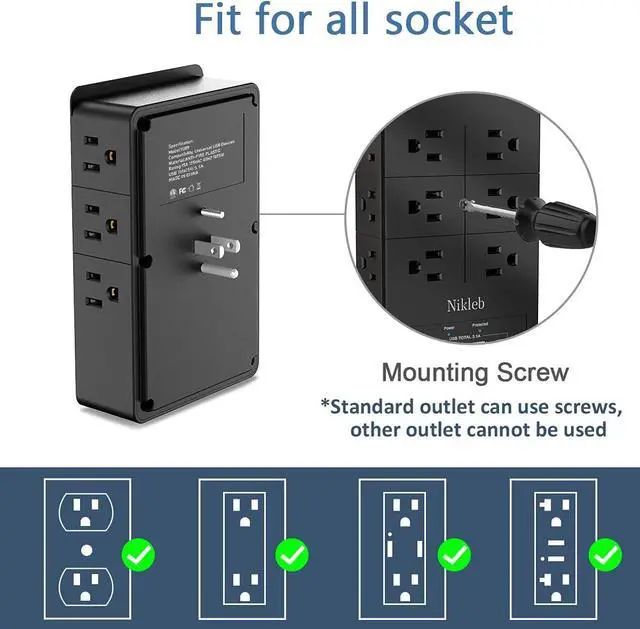 Alt view image 3 of 7 - Multi Plug Outlet Extender Nikleb, Surge Protector 12 Outlets, Wall Plug with 2 USB+ USB C Ports Total 3.1A, Charger Blocks Wall Mount, Outlet Splitter Heavy Duty for Home, Office, Garage Improvement
