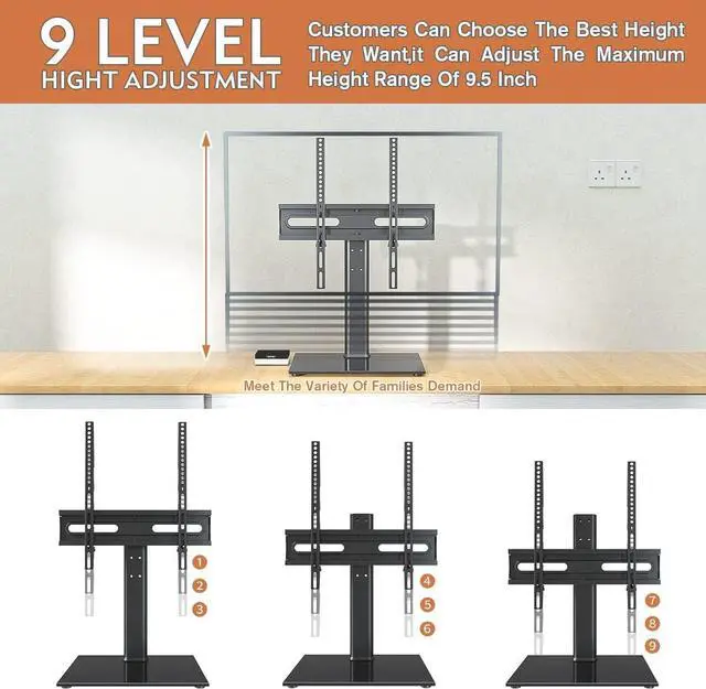 Alt view image 2 of 5 - Universal Swivel TV Stand - Table Top TV Stand for 27-60 inch LCD LED TVs - Height Adjustable TV Base Stand with Tempered Glass Base & Wire Management, VESA 400x400mm HT06B-002