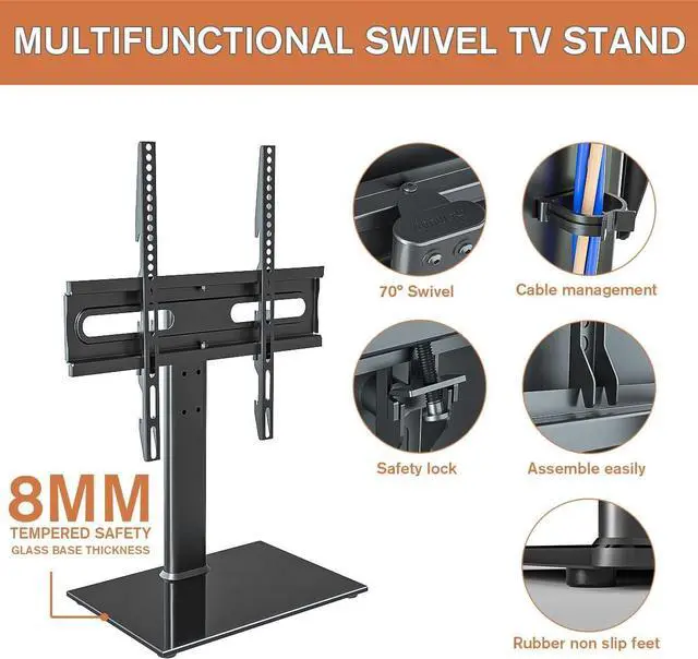 Alt view image 4 of 5 - Universal Swivel TV Stand - Table Top TV Stand for 27-60 inch LCD LED TVs - Height Adjustable TV Base Stand with Tempered Glass Base & Wire Management, VESA 400x400mm HT06B-002