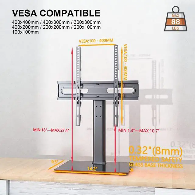 Alt view image 5 of 5 - Universal Swivel TV Stand - Table Top TV Stand for 27-60 inch LCD LED TVs - Height Adjustable TV Base Stand with Tempered Glass Base & Wire Management, VESA 400x400mm HT06B-002
