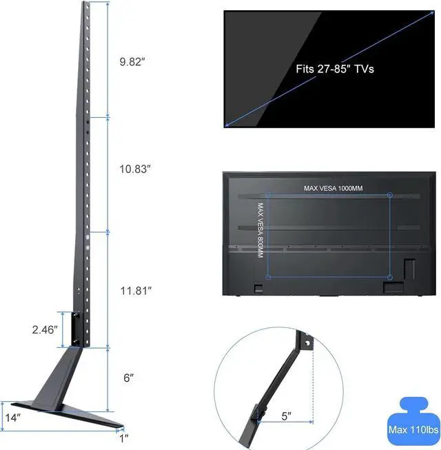 Alt view image 5 of 6 - Universal TV Stand Table Top for 27 to 85 Inch LED LCD Flat Screen TV, Height Adjustable Leg Stand Holds up to 110lbs, VESA up to 1000x800mm (ML2785)