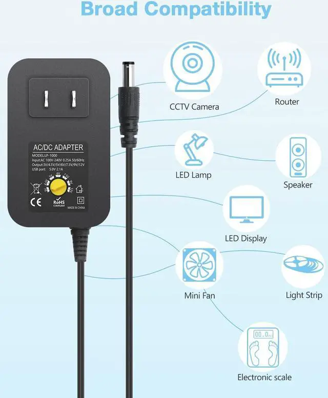 Alt view image 2 of 7 - Universal Power Adapter 30W 12V 9V 7.5V 6V 5V 4.5V 3V Adjustable Variable Power Supply AC/DC Adapter Converter Switching 100V-240V AC to DC 3V-12V with Polarity Converter & 14 Tips