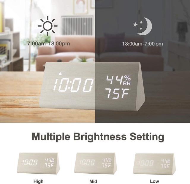 Alt view image 3 of 7 - JALL Upgraded Digital Wooden Alarm Clock, with 3 Alarm Settings, Electronic LED Time Display, 3 Level Brightness & Temperature, Good for Bedroom, Bedside, Desk, Office, Kids and Families, White