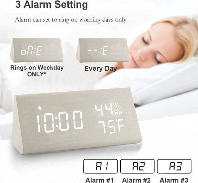 Alt view image 2 of 7 - JALL Upgraded Digital Wooden Alarm Clock, with 3 Alarm Settings, Electronic LED Time Display, 3 Level Brightness & Temperature, Good for Bedroom, Bedside, Desk, Office, Kids and Families, White