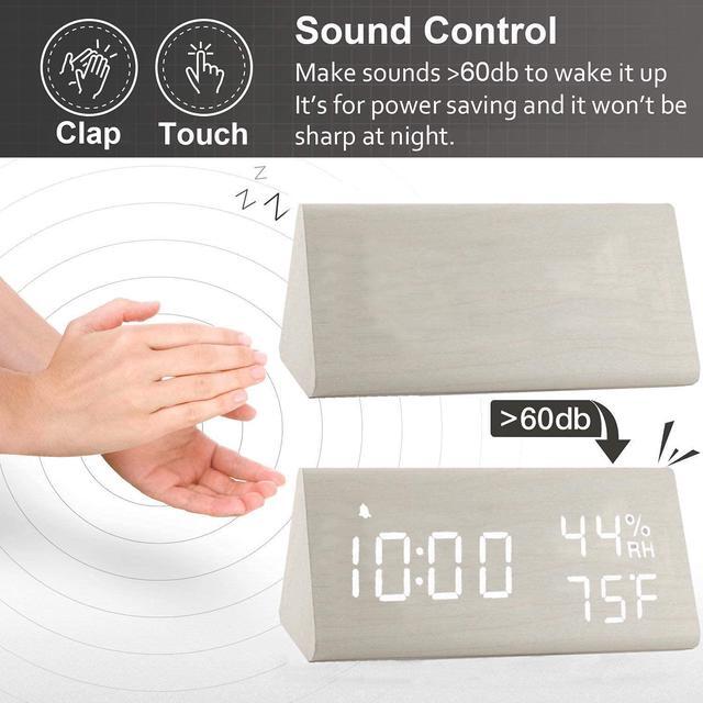 Alt view image 4 of 7 - JALL Upgraded Digital Wooden Alarm Clock, with 3 Alarm Settings, Electronic LED Time Display, 3 Level Brightness & Temperature, Good for Bedroom, Bedside, Desk, Office, Kids and Families, White