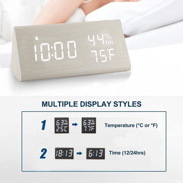 Alt view image 5 of 7 - JALL Upgraded Digital Wooden Alarm Clock, with 3 Alarm Settings, Electronic LED Time Display, 3 Level Brightness & Temperature, Good for Bedroom, Bedside, Desk, Office, Kids and Families, White