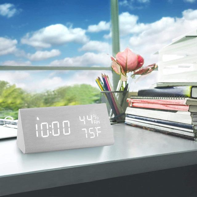 Alt view image 6 of 7 - JALL Upgraded Digital Wooden Alarm Clock, with 3 Alarm Settings, Electronic LED Time Display, 3 Level Brightness & Temperature, Good for Bedroom, Bedside, Desk, Office, Kids and Families, White