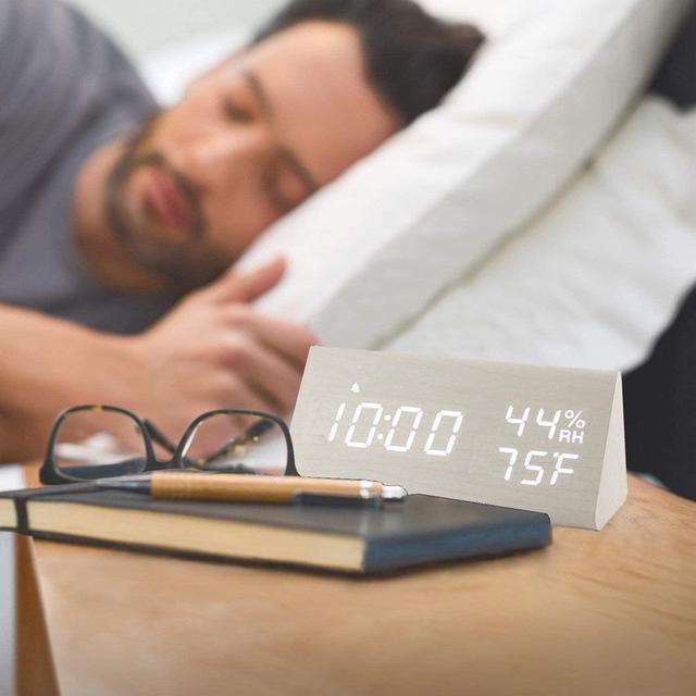 Alt view image 7 of 7 - JALL Upgraded Digital Wooden Alarm Clock, with 3 Alarm Settings, Electronic LED Time Display, 3 Level Brightness & Temperature, Good for Bedroom, Bedside, Desk, Office, Kids and Families, White
