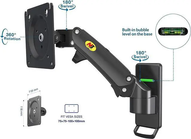 Alt view image 5 of 7 - NB North Bayou TV Monitor Wall Mount Bracket Full Motion Articulating Swivel for 17-27 Inch Monitors with Gas Spring (Black Single Extension) F120-B