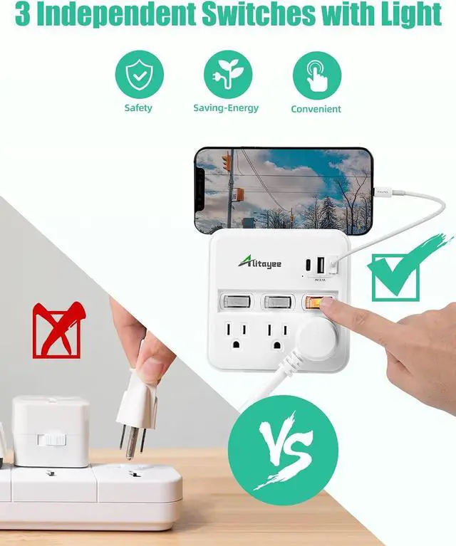 Alt view image 5 of 7 - Alitayee Wall Outlet Extender Surge Protector, USB Power Strips with Individual Switches and 15.5W Type-C Fast Charging Ports for Cell Phone,Home,Office,Dorm ETL Listed White