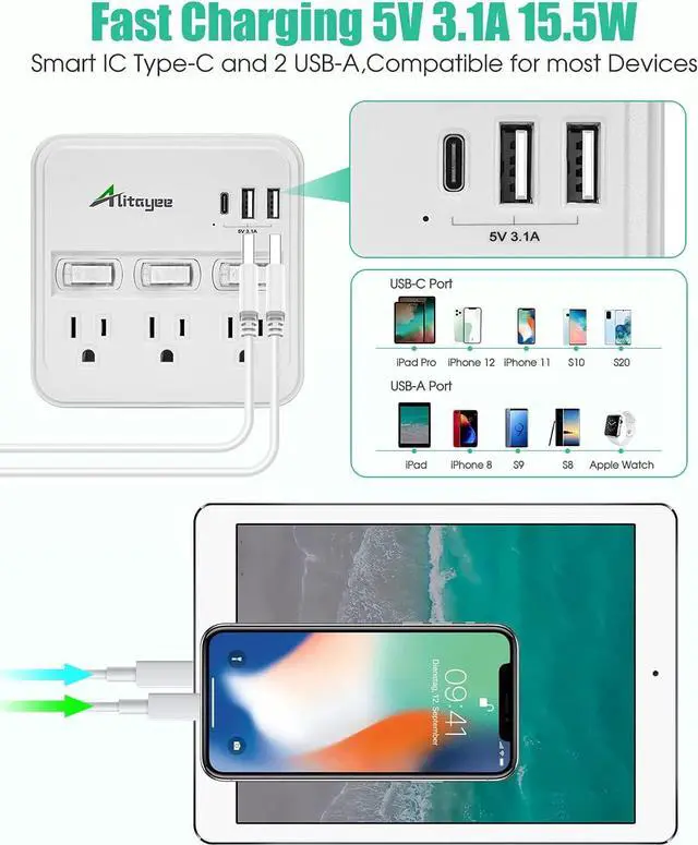 Alt view image 2 of 7 - Alitayee Wall Outlet Extender Surge Protector, USB Power Strips with Individual Switches and 15.5W Type-C Fast Charging Ports for Cell Phone,Home,Office,Dorm ETL Listed White
