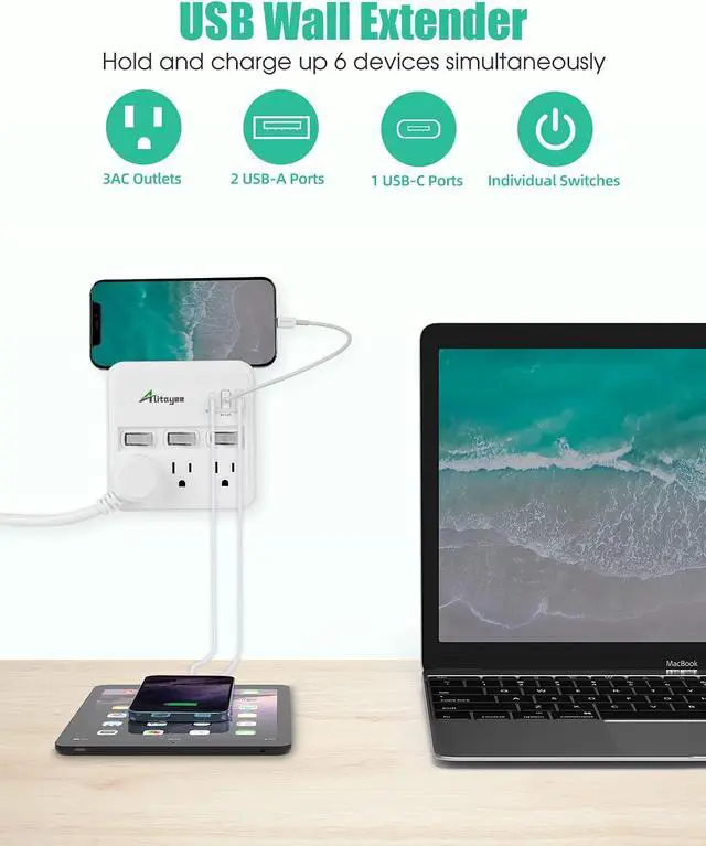 Alt view image 3 of 7 - Alitayee Wall Outlet Extender Surge Protector, USB Power Strips with Individual Switches and 15.5W Type-C Fast Charging Ports for Cell Phone,Home,Office,Dorm ETL Listed White
