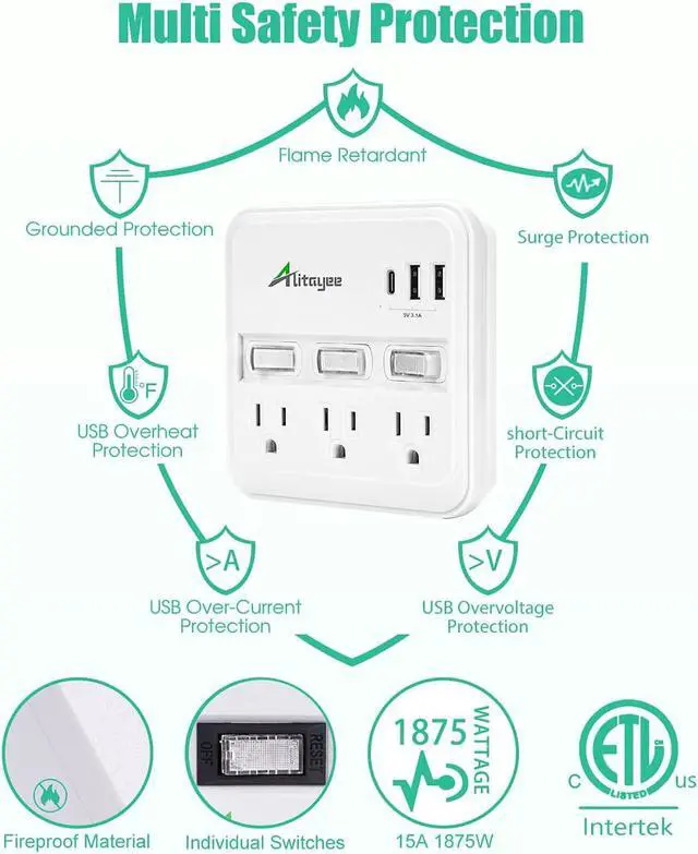 Alt view image 6 of 7 - Alitayee Wall Outlet Extender Surge Protector, USB Power Strips with Individual Switches and 15.5W Type-C Fast Charging Ports for Cell Phone,Home,Office,Dorm ETL Listed White