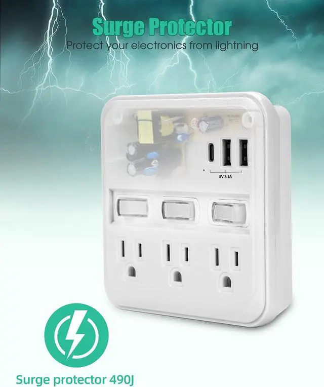 Alt view image 4 of 7 - Alitayee Wall Outlet Extender Surge Protector, USB Power Strips with Individual Switches and 15.5W Type-C Fast Charging Ports for Cell Phone,Home,Office,Dorm ETL Listed White