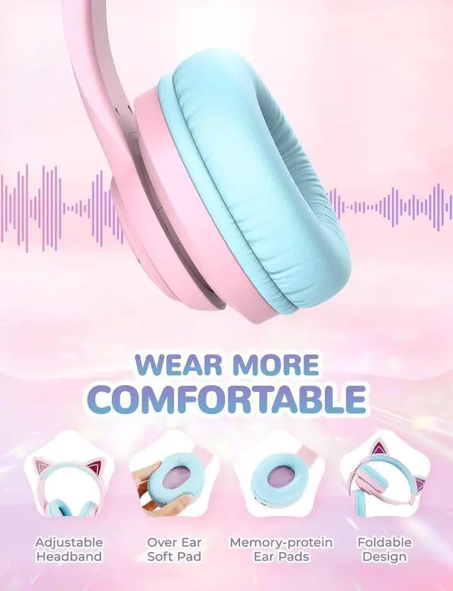 Alt view image 4 of 7 - iClever Cat Ear Bluetooth Headphones RGB LED Light Up Over Ear with Microphone, 74/85/94dB Volume Limiting Comfort Foldable Wireless Headset for PC/Tablet/TV Kids Girls & Boys Teens, BTH13 Pink