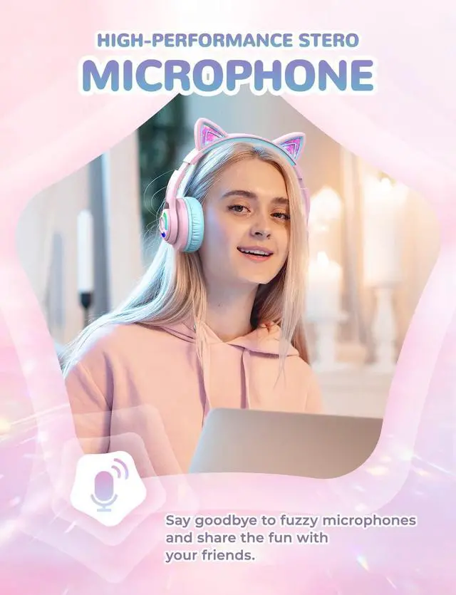 Alt view image 2 of 7 - iClever Cat Ear Bluetooth Headphones RGB LED Light Up Over Ear with Microphone, 74/85/94dB Volume Limiting Comfort Foldable Wireless Headset for PC/Tablet/TV Kids Girls & Boys Teens, BTH13 Pink