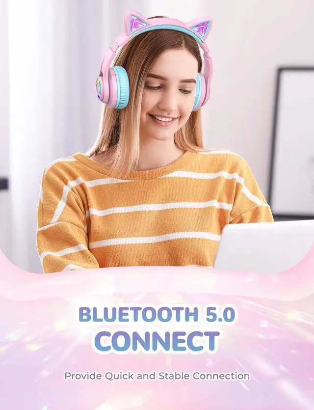 Alt view image 7 of 7 - iClever Cat Ear Bluetooth Headphones RGB LED Light Up Over Ear with Microphone, 74/85/94dB Volume Limiting Comfort Foldable Wireless Headset for PC/Tablet/TV Kids Girls & Boys Teens, BTH13 Pink