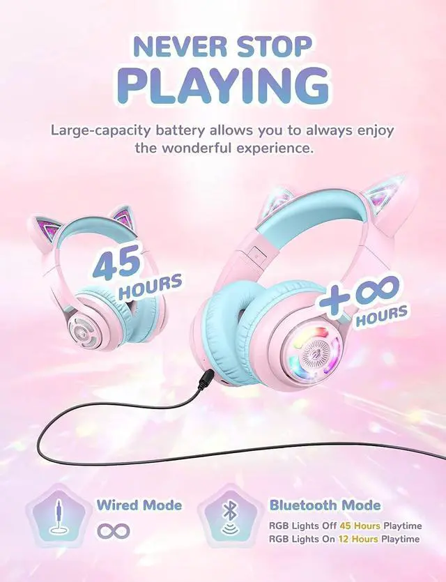 Alt view image 3 of 7 - iClever Cat Ear Bluetooth Headphones RGB LED Light Up Over Ear with Microphone, 74/85/94dB Volume Limiting Comfort Foldable Wireless Headset for PC/Tablet/TV Kids Girls & Boys Teens, BTH13 Pink